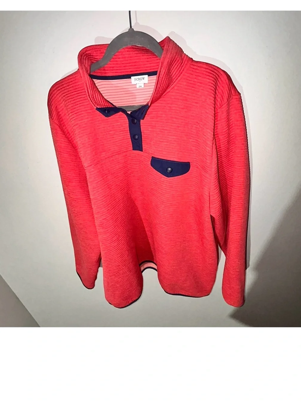 J Crew Coral Pullover Top with Navy Trim